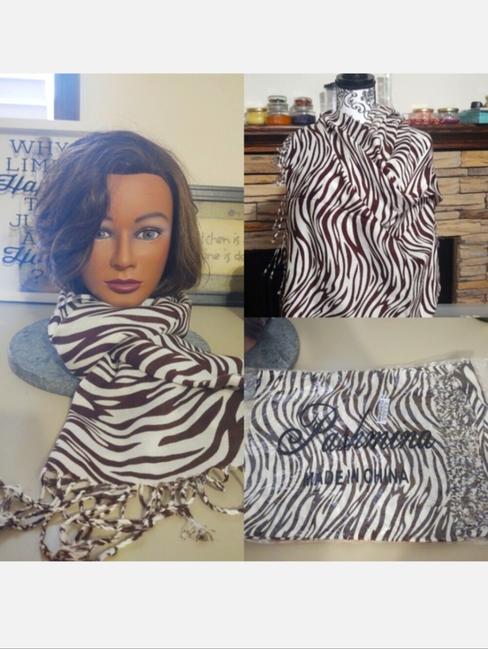 Zebra Striped Pashmina Brown & White